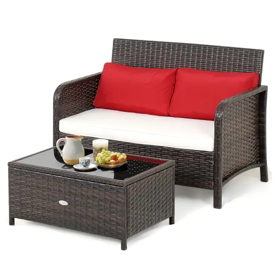 Costway 2PCS Patio Rattan Wicker Love-seat Coffee Table SetCushioned Bench Garden Deck {2}