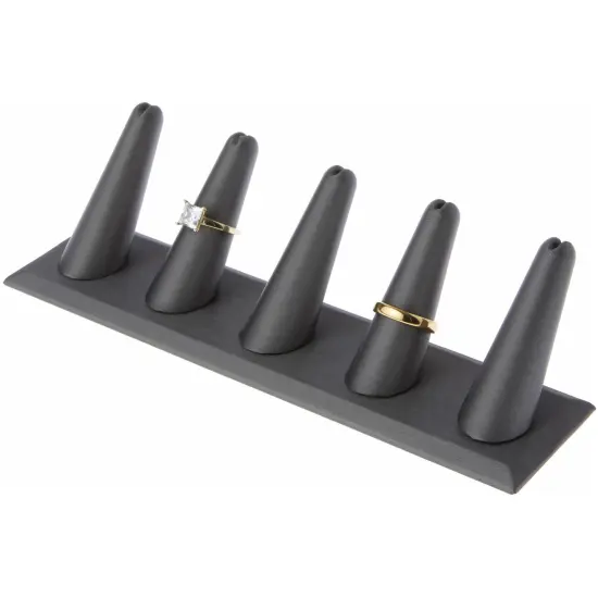 Plymor Gray Faux Leather Ring Finger Display, Five on Rectangular Base, 8" W x 2.125" D x 2.5" H {3}