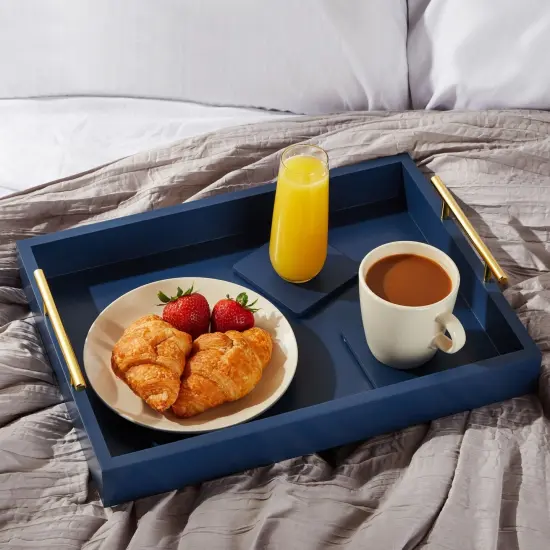Blue Serving Tray for Coffee Table, 16x12" with Coasters, Decorative Interchangeable Gold and Silver Handles {3}