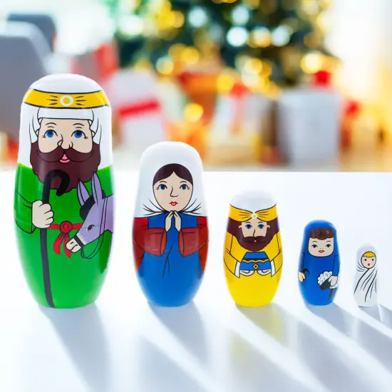 Set of 5 Nativity Scene Wooden Nesting Dolls 5.75 Inches {3}