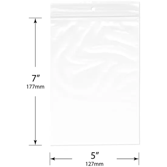 Plymor 5" x 7", 2 Mil with Hang-Hole Zipper Reclosable Plastic Bags {3}