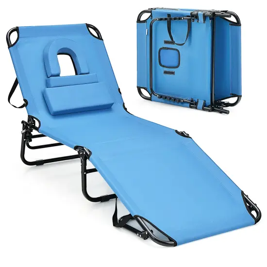 Costway Beach Chaise Lounge Chair with Face Hole Pillows & 5-Position Adjustable Backrest Blue {2}