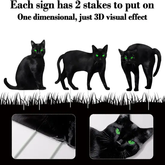 6ct Black Cat Decor Yard Signs with Stakes, Scary Silhouette with 3D Visual Furs {2}