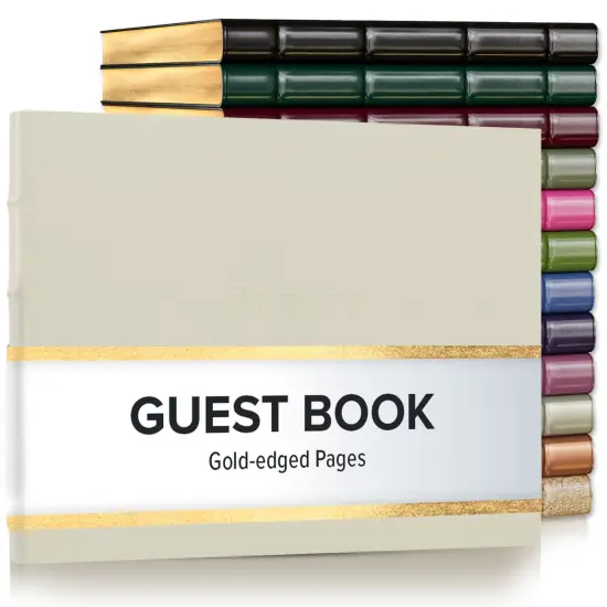 Gallery Leather Guest Book Special Events, add Photos, 192 Lined Pages, Bonded Leather, Hardcover, Gold-Gilded, Guestbook Freeport Ivory {1}