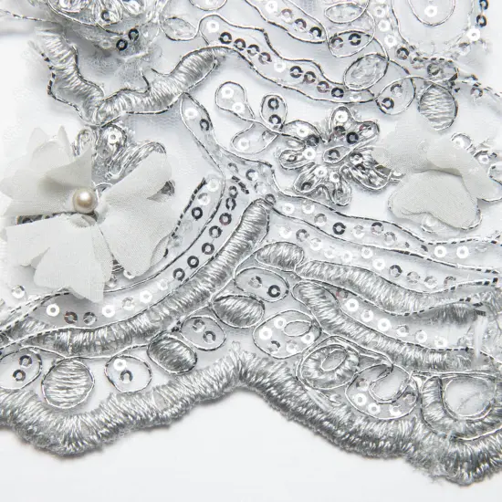 1 Yard Tulle Lace Fabric with 3D Embroidered Applique Design, 52&Prime; Wide Silver {1}