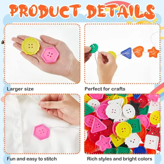 150 Pieces Big Bright Buttons for Kids 8 Vivid Colors and 8 Large Shapes for Crochet Knitting {3}