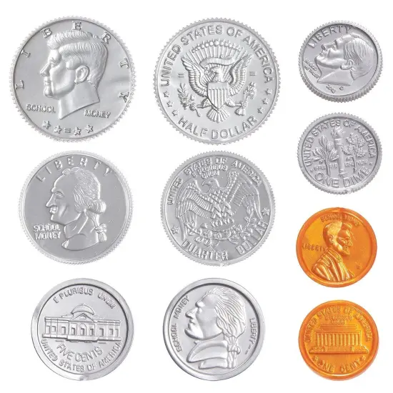Pack of 250 Play Coin Set - Includes 10 Half-Dollars, 40 Quarters, 50 Dimes, 50 Nickels, 100 Pennies Fake Plastic Coins - Pretend Money - Great Teaching Tool, Prop, Kids Toy, 0.98 Inches in Diameter Silver {2}
