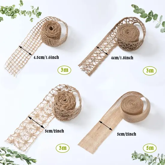 4 Rolls Burlap Ribbon Natural Jute Burlap Lace Mesh Weeding Trim Craft Wrapping Ribbon for Holiday Party DIY Handmade Artist Home Decor Packaging {1}