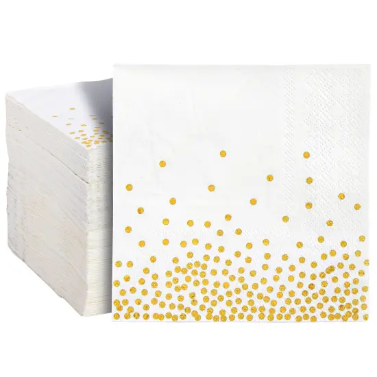 100 Pack Disposable White and Gold Paper Cocktail Napkins for Wedding Reception, Polka Dot Party Supplies (5 x 5 In) {1}