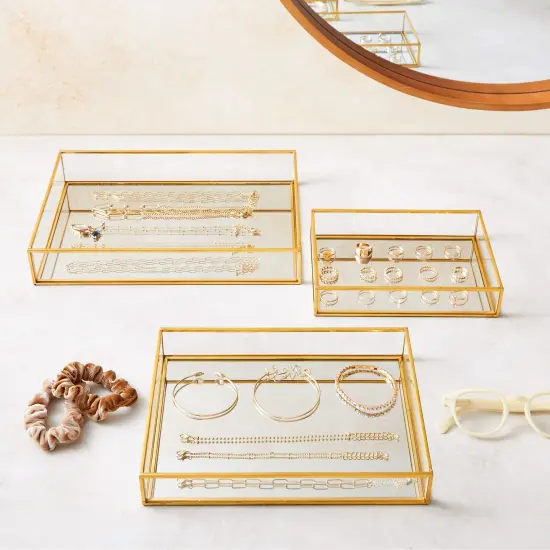 Set of 3 Gold Mirror Vanity Tray for Perfume, Makeup Display, Decorative Rectangle Glass Jewelry Organizer for Bathroom, Dresser (3 Sizes) {3}