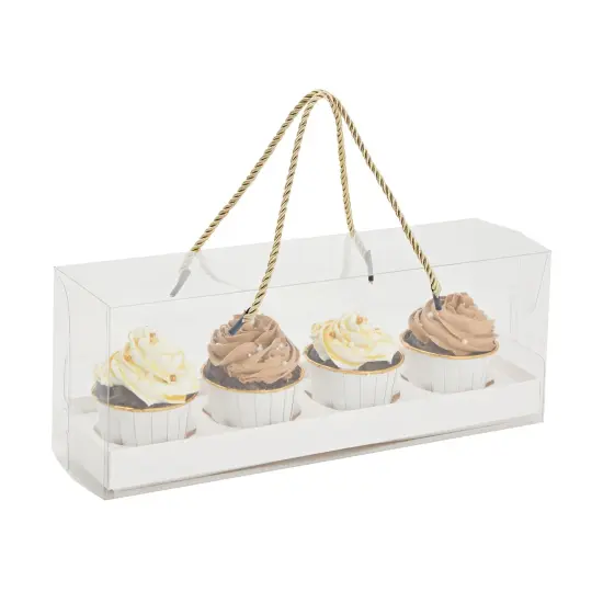 12 Pack Clear Cupcake Boxes with Gold Rope Handle and White Inserts, 4 Compartments (12.7 x 4.7 x 3.6 In) {6}