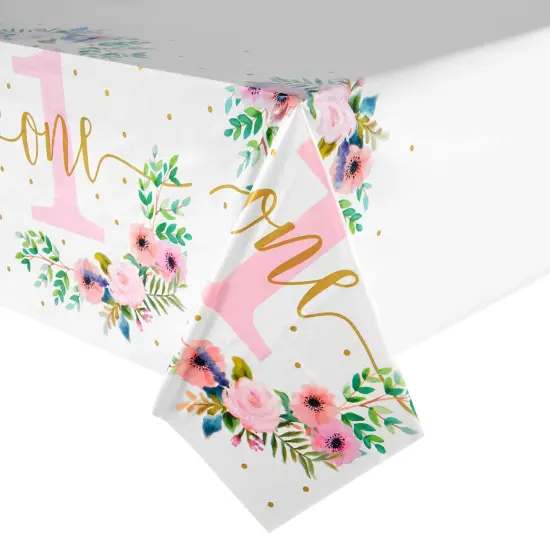 3 Pack Floral Plastic Tablecloth for Baby Girl's 1st Birthday Party Supplies (54 x 108 In) White {7}
