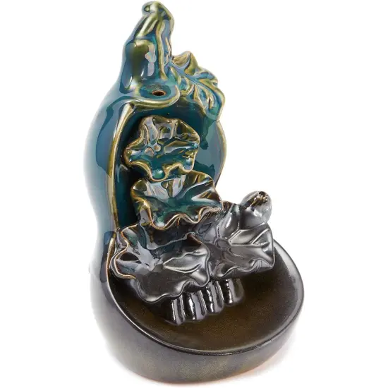 Ceramic Backflow Flower Waterflow Incense Burner with 15 Cones (4.4 x 7.7 Inches) Brown {1}