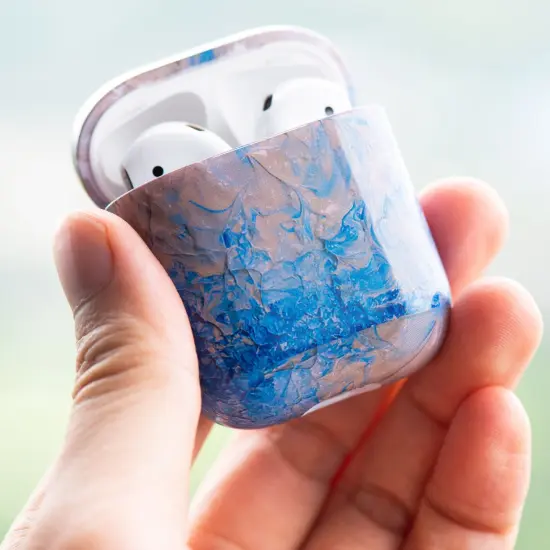For Apple AirPods 2 / 1 Case, Blue and Gray Marble Protective Cover with Keychain for Women Men {7}