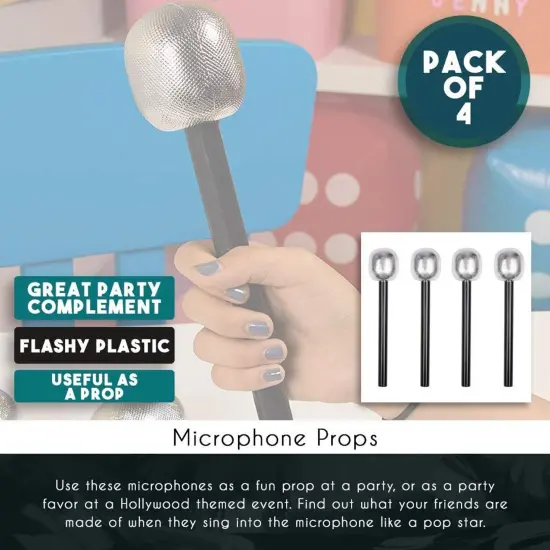 Microphone Prop - 4-Pack Pop Star Costume Accessories for Halloween, Dress-Up Black {4}