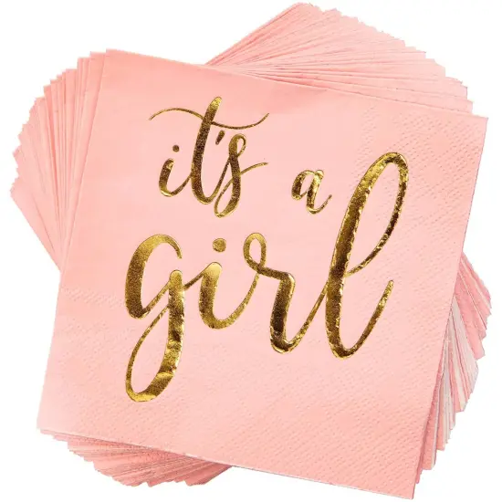 50 Pack It's a Girl Napkins for Baby Shower, Gold Foil Party Supplies (3 Ply, 5x5 In) Pink {1}