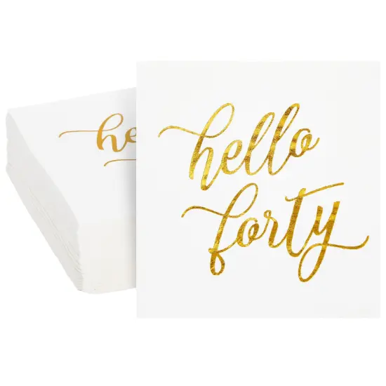 50 Pack Hello Forty Cocktail Napkins with Gold Foil for 40th Birthday Decorations, 3-Ply, White (5 x 5 In) {1}