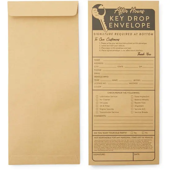 Key Drop Envelopes for After Hours Box, Car Mechanics (4.12 x 9.5 In, 200 Pack) Brown {5}