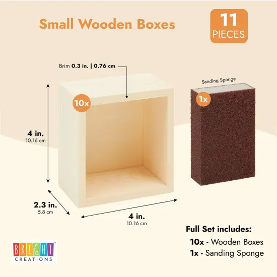 10 Unfinished Small Wooden Boxes for Crafts with 1 Sanding Sponge (4 In, 11 Pieces) Brown {4}