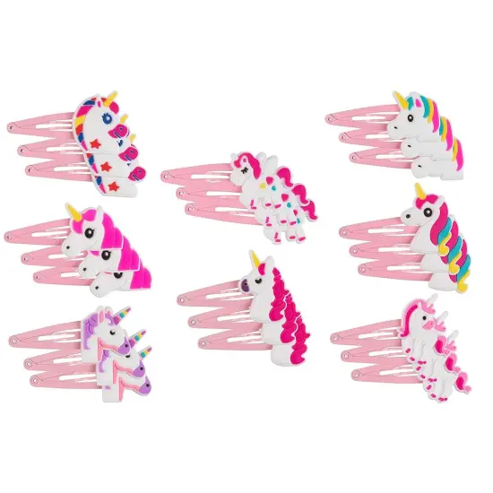 Juvale 24-Pack Rainbow Unicorn Hair Clips for Girls Ages 3&ndash;14, Anti-Slip Snap Hairclips, Assorted Pink Unicorn-Themed Barrette Hair Pins, Ideal for Birthdays & Game Prizes {1}