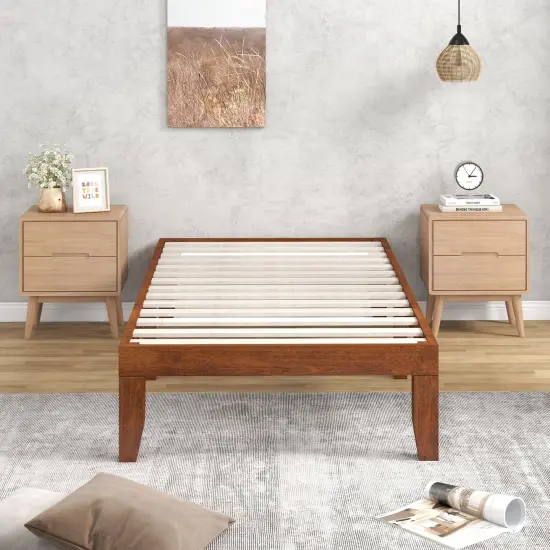 Solid Wood Twin Platform Bed with Storage Space Sturdy Frame and Noise-free Design Walnut {3}