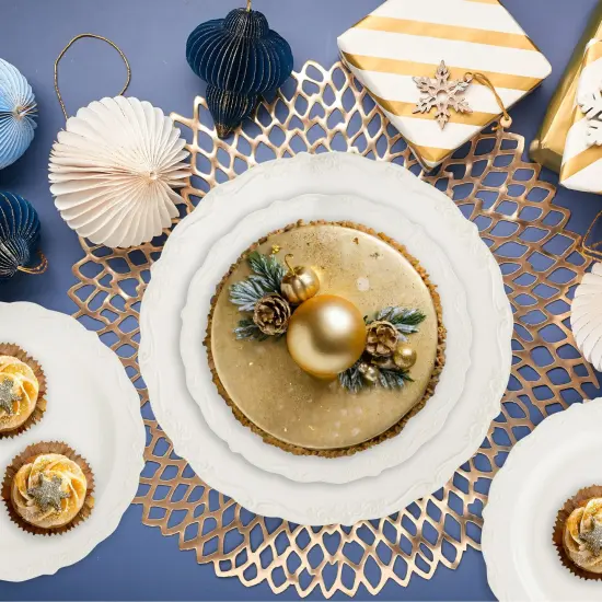 Set of 60 Cream Plastic Plates, Elegant Vintage Design for Party Supplies, Weddings, Disposable (30 Dinner Plates, 30 Dessert Plates, 2 Sizes) White {3}