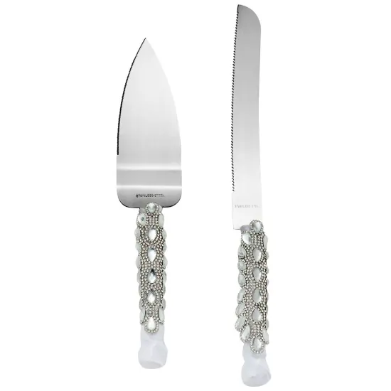 Stainless Steel Wedding Cake Knife and Server Set for Cake Cutting Ceremony, Embellished with Faux Crystals, Diamonds, Ribbon Silver {6}