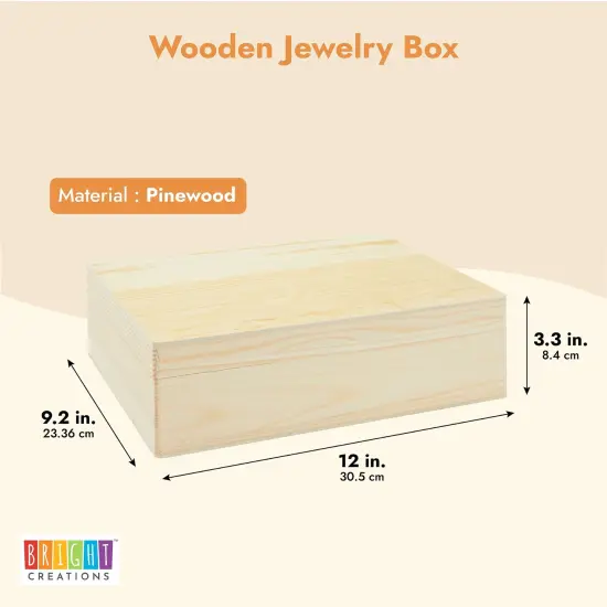 Unfinished Wooden Jewelry and DIY Crafts Storage Box (9 x 12 x 3.3 In) Brown {4}