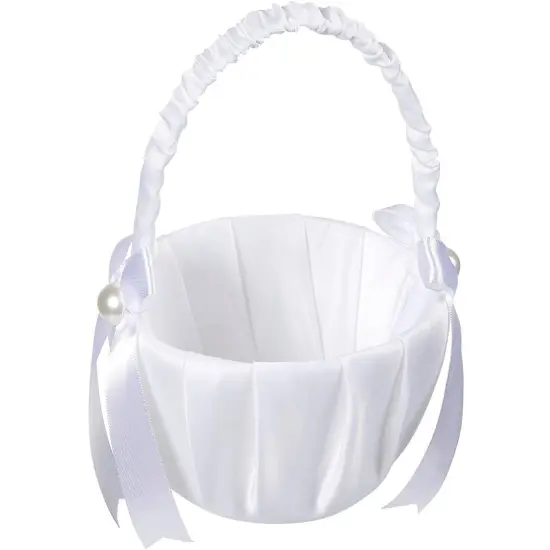 White Flower Girl Basket with Satin Bowknot & Pearl Design 8 x 5.2 x 6 Inch, Flower Petal Basket Ideal for Wedding Party, Elegant Ceremony Accessories, For Ages 3-4 {5}