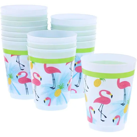 Blue Panda Plastic Party Cups 16 Pack - Tropical Flamingo Reusable Tumblers - 16 oz {1}