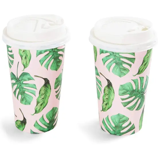 48 Pack Disposable 16oz Coffee Cups with Lids, Paper To Go Coffee Cups for Themed Birthday Party, Wedding, Baby Shower (Tropical) Green {4}