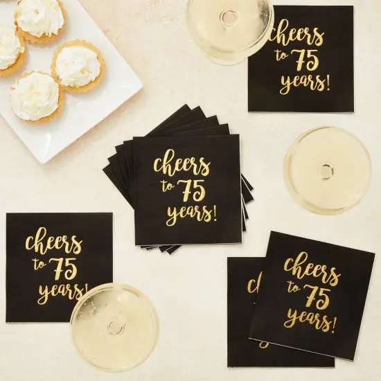 50 Pack Cheers to 75 Years Black and Gold Paper Cocktail Napkins for 75th Birthday Party Supplies, Table Decorations (5 x 5 in) {3}
