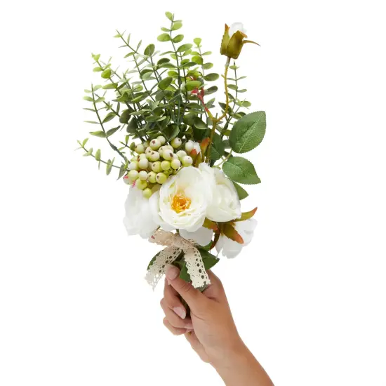 White Silk Roses, Eucalyptus and Berry Bridal Bouquet, Wedding Centerpiece (15.7x7 In) {4}
