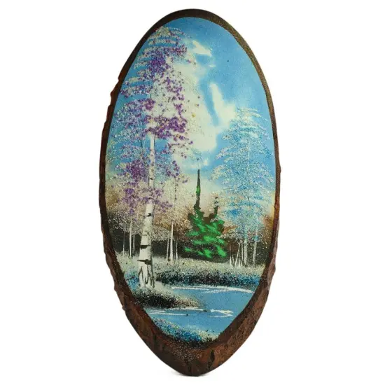 Winter Landscape Wood Cut Painting Wall Art Plaque 15 Inches {1}