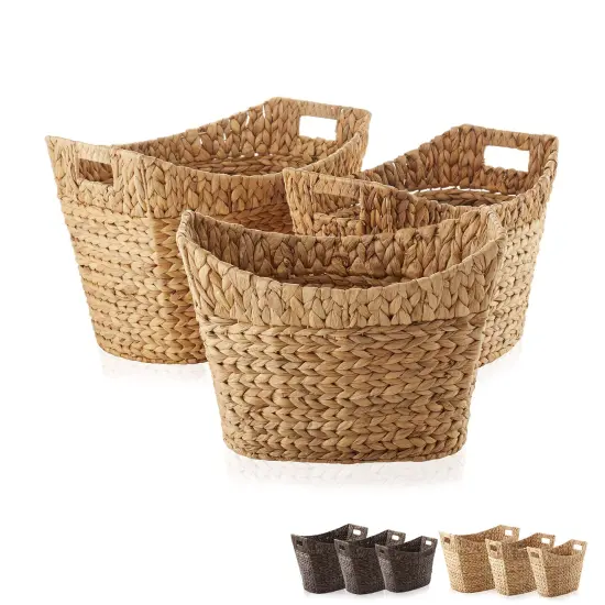 Casafield Set of 3 Stackable Oval Laundry Baskets with Handles, Woven Water Hyacinth Storage Totes for Throw Blankets, Bathroom, Bedroom, Living Room {7}