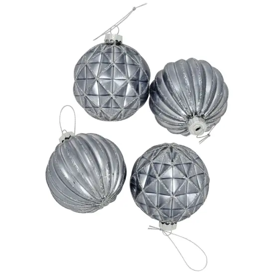 Northlight Geometric Glittered Shiny Glass Ball Christmas Ornaments - 3" (80mm) - Pewter- 4ct Silver {4}