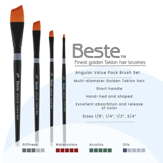 Creative Mark Beste Golden Taklon Gold Angular Set of 4 Artist Paint Brush, Professional Watercolor Brushes, For Acrylic Painting, Short Handle, Sharp Edges, Hand-Tied & Shaped {3}