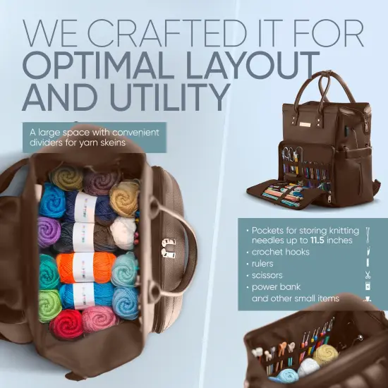 Brown Yarn Storage Backpack for Knitting & Crocheting on the Go - Faux Leather Water-Resistant Bag with USB Port {4}