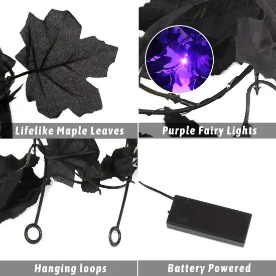 2pcs Black Maple Leaves Garland with Lights ,Halloween Maple Garland {2}