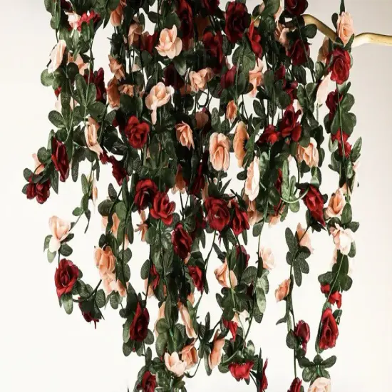 Artificial Flower Garland, Fake Burgundy Peach Roses Vines Silk Flowers Faux Rose Arch Vines for Flower Wall Backdrop Wedding Mothers Day Garden Tea Party Decoration {1}