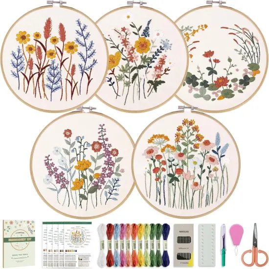 5 Pack Beginner Embroidery Kit for Adults, Easy to Learn Floral Embroidery Patterns {1}