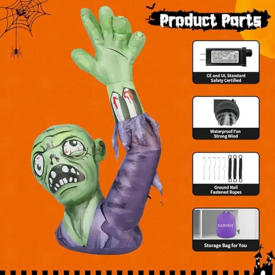 GOOSH 5FT Halloween Inflatables Zombies Blow Up Yard Terror Green Zombies Raise Hands with Built-in LEDs {5}