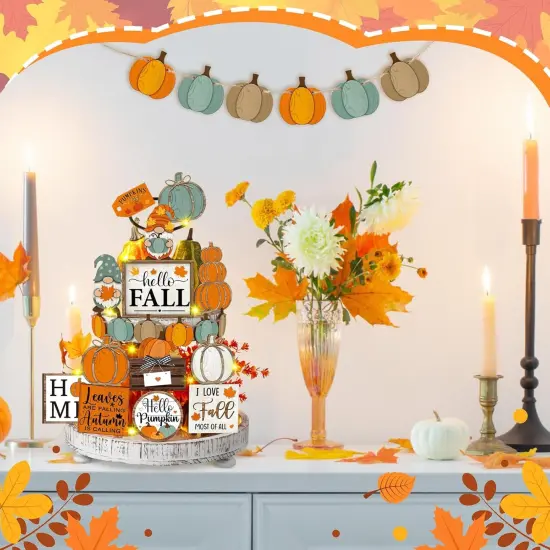 21 Pcs Fall Tiered Tray Decoration Set Thanksgiving Table Sign {4}