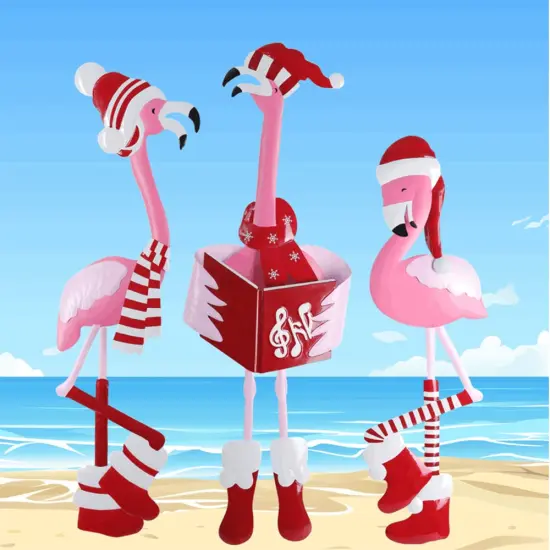 Haute Decor Outdoor Christmas Caroling Flamingos Trio Yard Decor - Sturdy Weatherproof Metal Construction, 3 Holiday Flamingos, Yard Stakes Included {3}