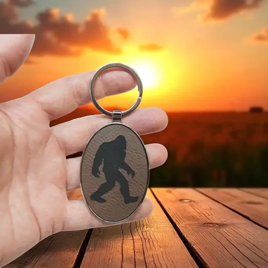 Keychain - Oval/Metal - Bigfoot Sasquatch - Leather Pink/Black {7}