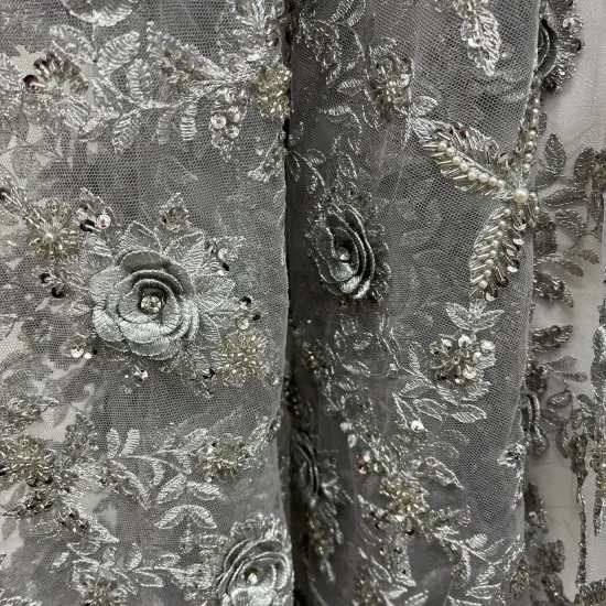 1 Yard Beaded 3D Floral Lace Fabric, Navy Embroidered Mesh, 100% Polyester, 51&rdquo; Wide Dusty Blue {2}