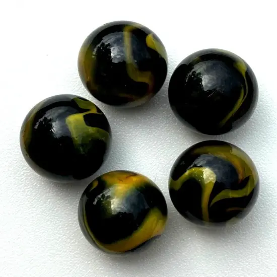 Lot of 5 Poison Dart Frog Black/Yellow Glass Marbles 25mm (1 inch) SHOOTER {1}