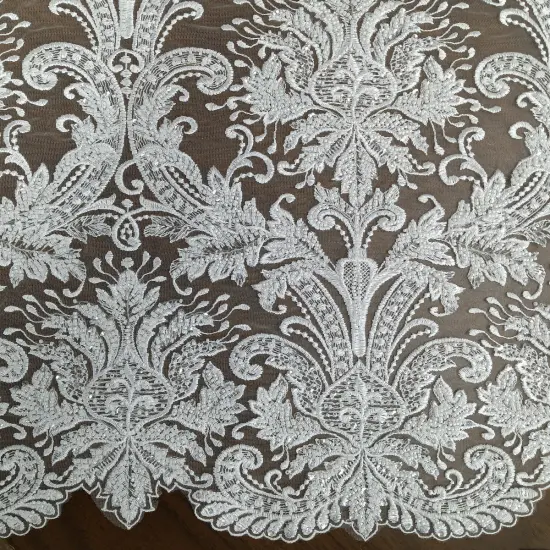 1 Yard Beaded Lace Fabric on 100% Polyester Net Mesh, Elegant Embroidered Lace for Gowns & D&eacute;cor White {6}