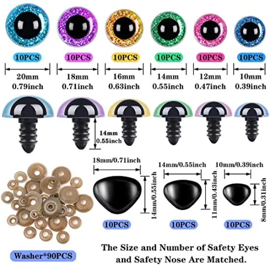 180 Pieces 10-20 mm Large Safety Eyes and Nose with Washers for Amigurumi Stuffed Animal Eyes Plastic Craft Doll Crochet Eyes for DIY of Puppet, Bear, Toy Making Supplies (Assorted Colors) {1}