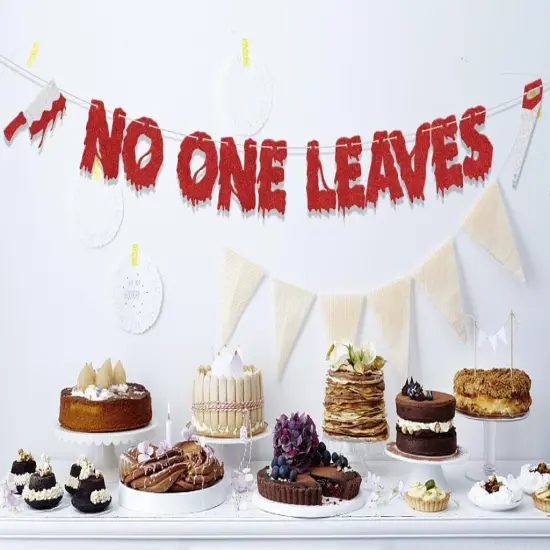 No One Leaves Banner - Do You Like Scary Movies Summerween Party Supplies {2}